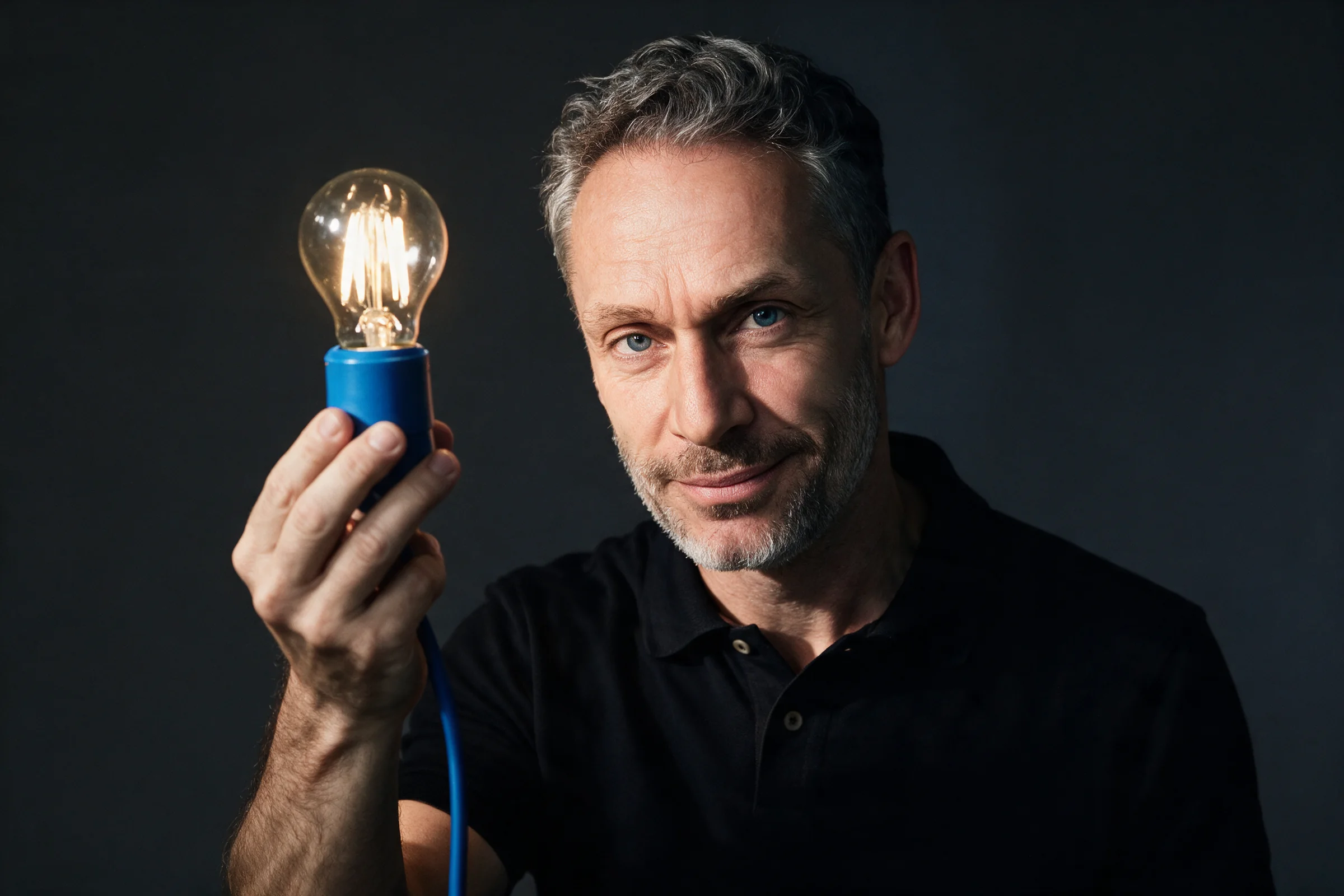 Michael Chase holding a lit filament bulb